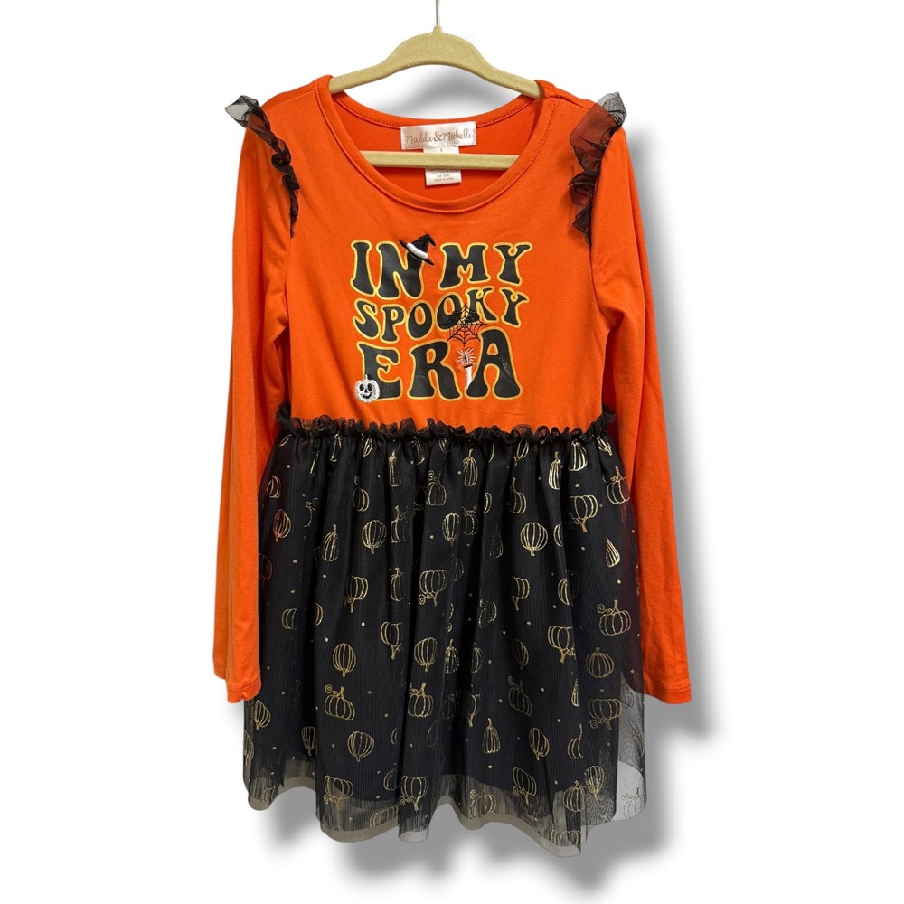 Maddie & Michelle Girls Halloween Dress‎ Orange Black "In My Spooky Era" Tulle 5